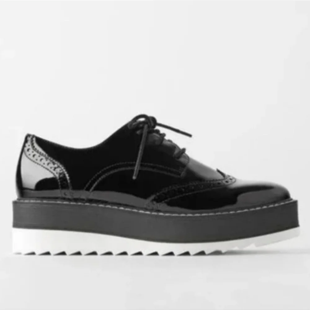 Zara Black Patent Leather Platform Oxford Derby Creepers Size 40 Dark Academia